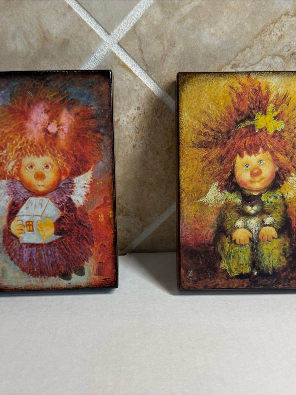 Set of 2 Angel Wood Wall Plaques Folk Art Whimsical Guardian Angel Decor 6”